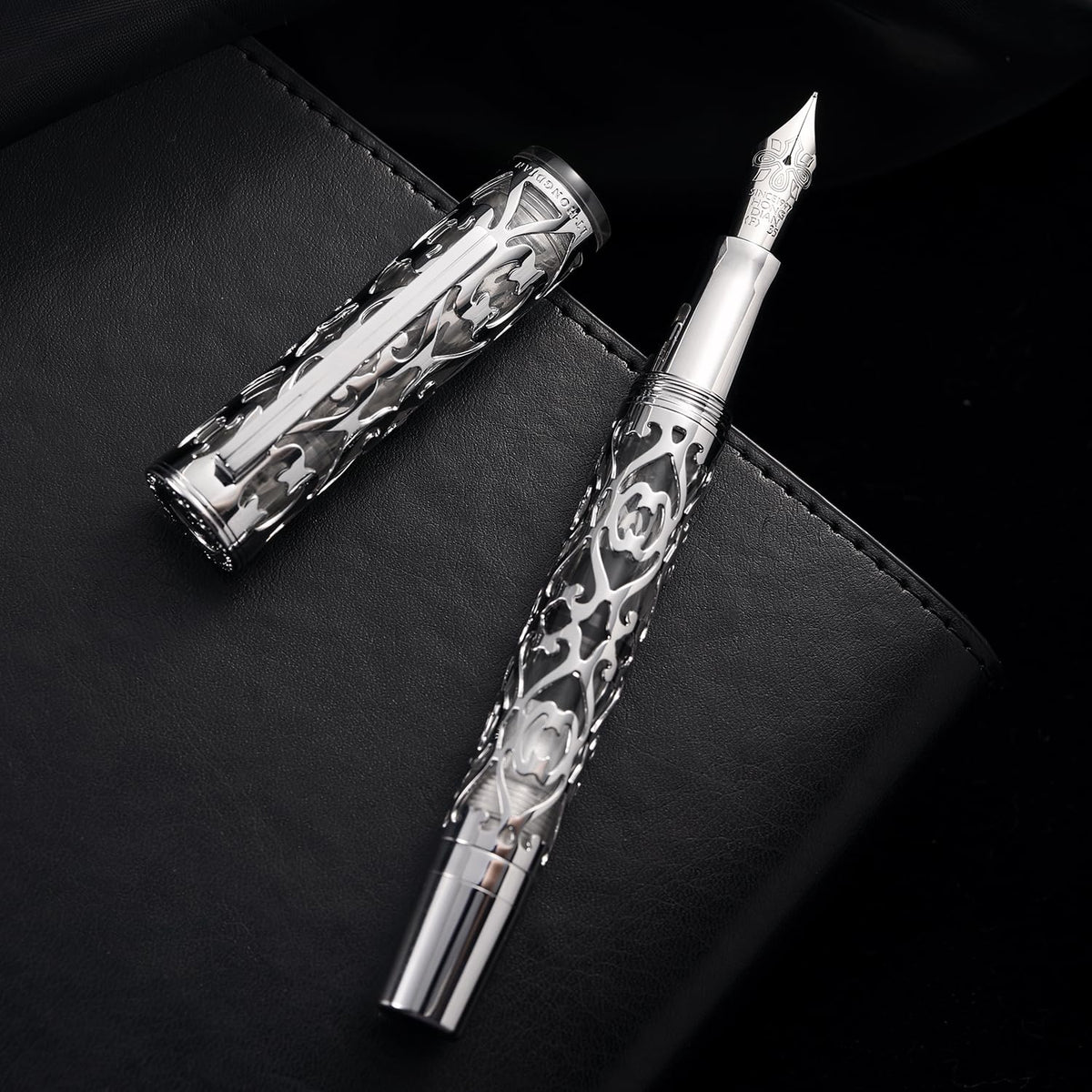 HONG DIAN D1 Piston Fountain Pen Fine Nib, Hollow Skeleton & Resin with Metal Case Set (Silver)