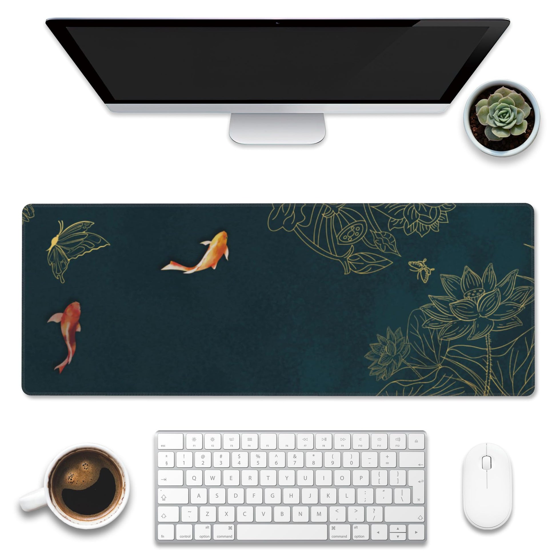 Eflxamz Large Gaming Mouse Pad, Koi Fish Ink Painting Desk Mat, Golden Line Lotus Desk Pad