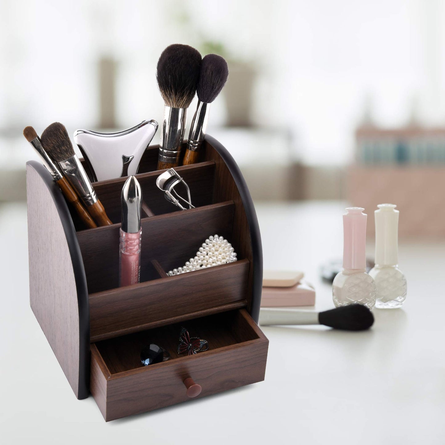 Siveit Wooden Desktop Organizer with Drawer, Multifunctional Office Supply Storage - Remote Control