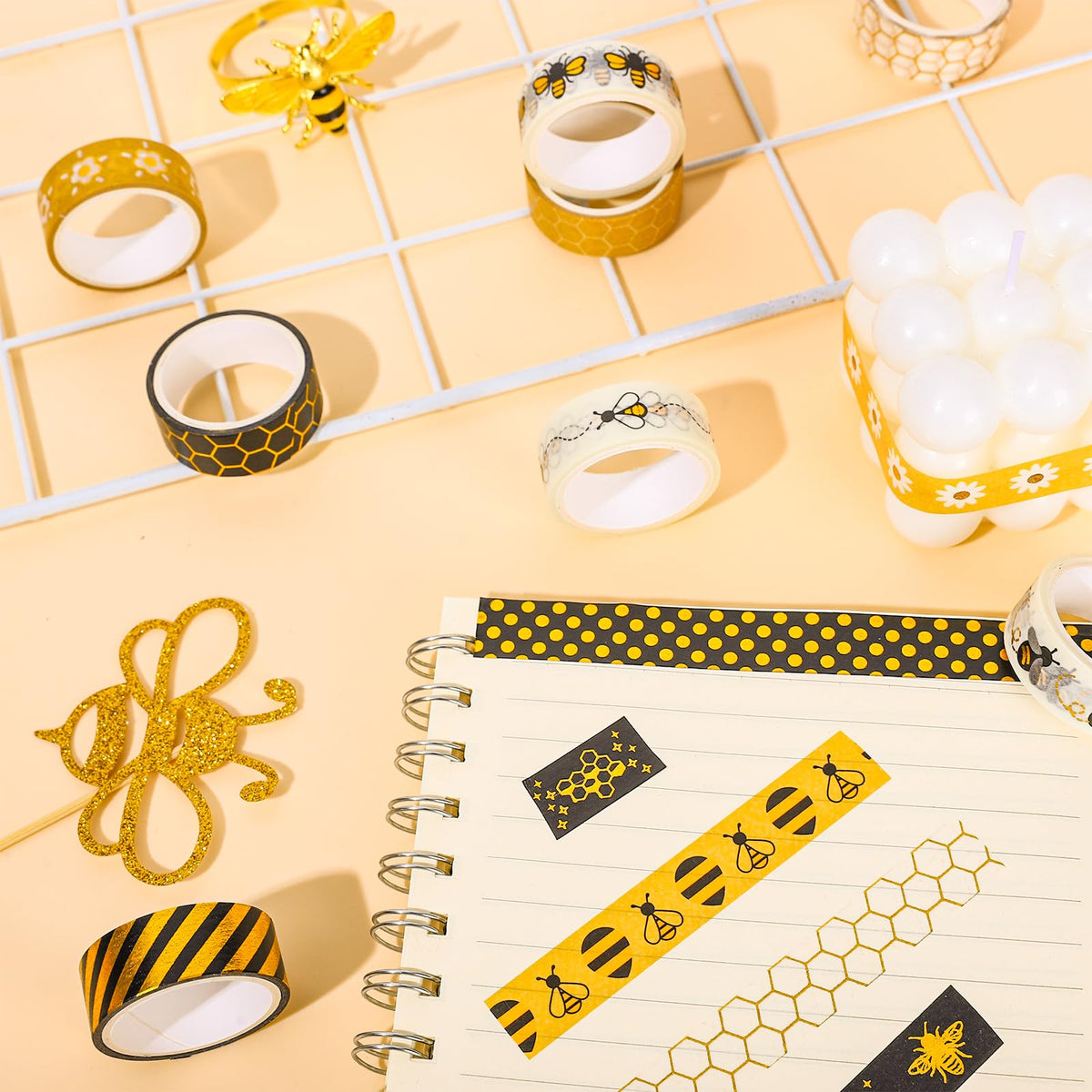 Whaline 12 Rolls Bee Washi Tape Summer Honey Bee Honeycomb Foil Gold Black Washi Masking Tape