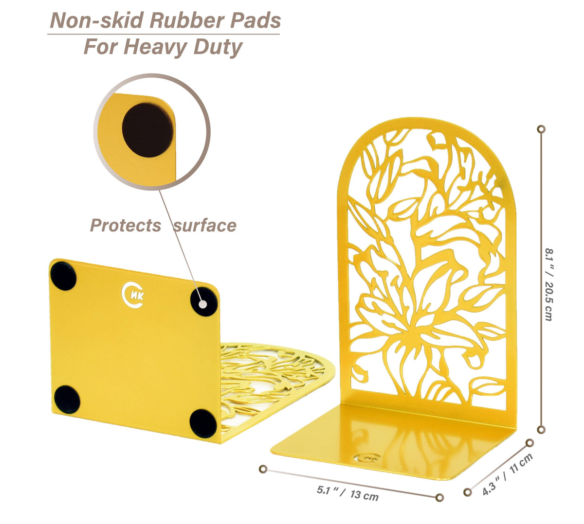 CNK Premium Bookends, Metal Book Stoppers for Heavy Books, Home Office & Decor (Lily Flower Gold)
