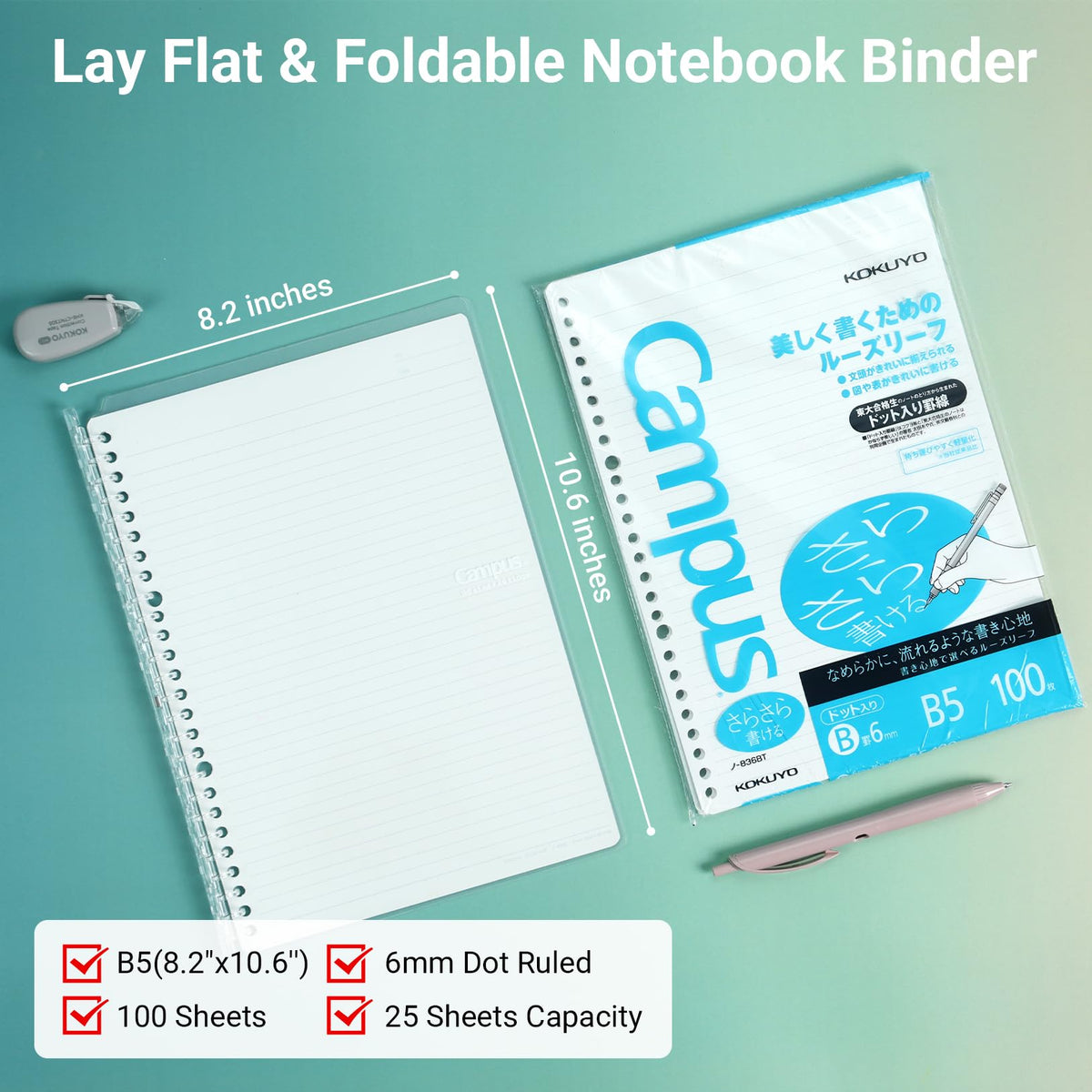 Kokuyo Campus 3 Pack Spiral Binder Notebooks, B5 Refillable Notebooks Smart Ring Binder 25 Sheets