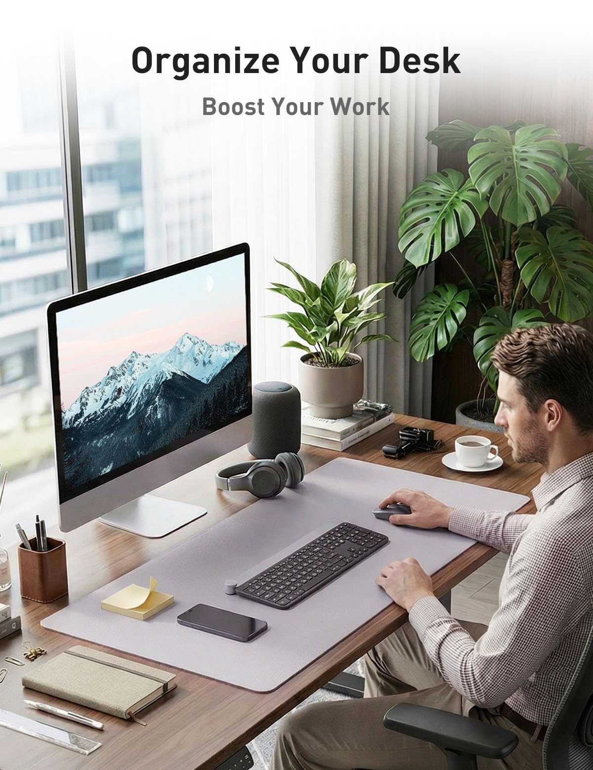 Aothia Faux Leather Desk Mat - Non-Slip PU Leather Desk Blotter, Waterproof Writing Surface, Large