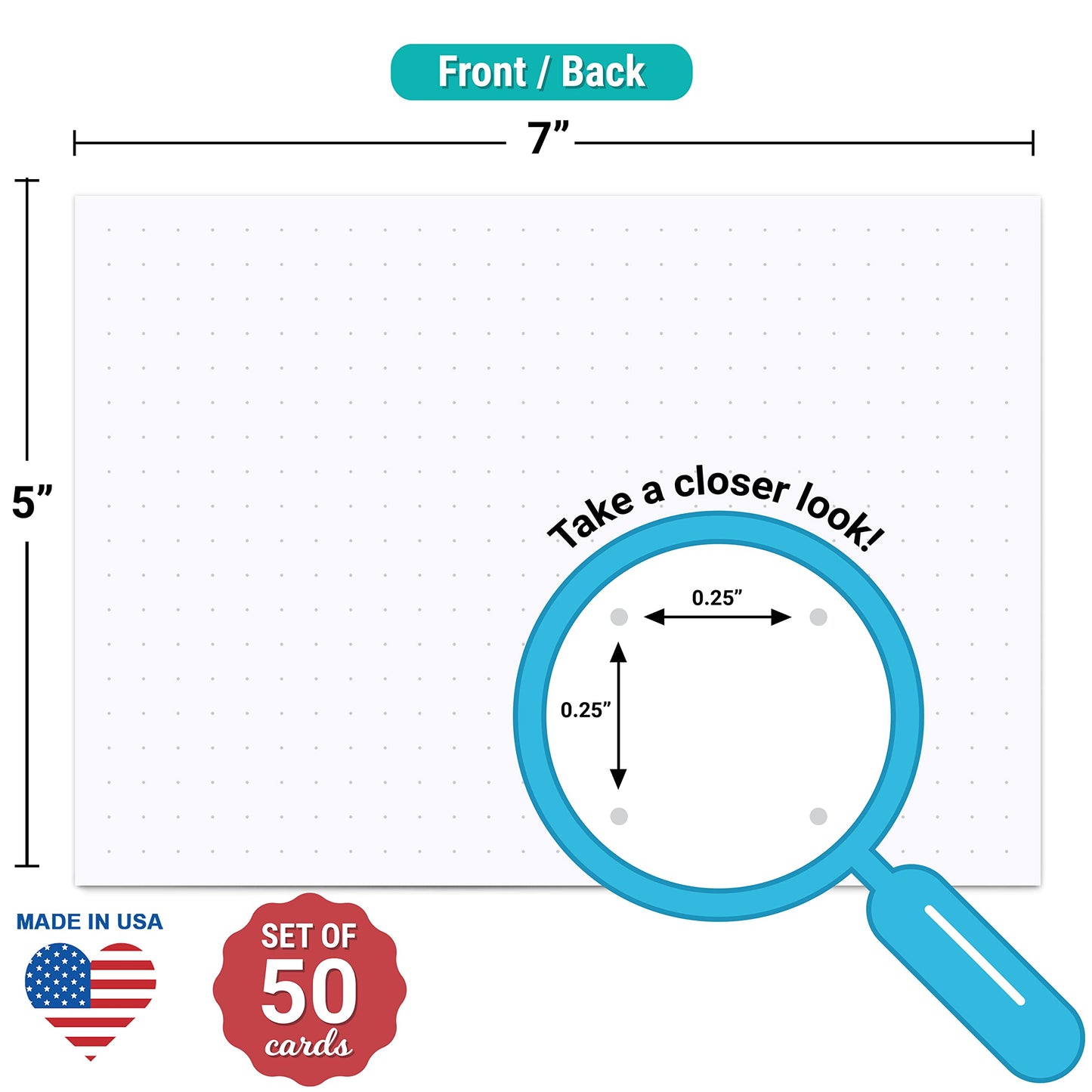 321Done Dot Grid Index Cards, Large 5x7, Set of 50, 0.25" Spacing, White