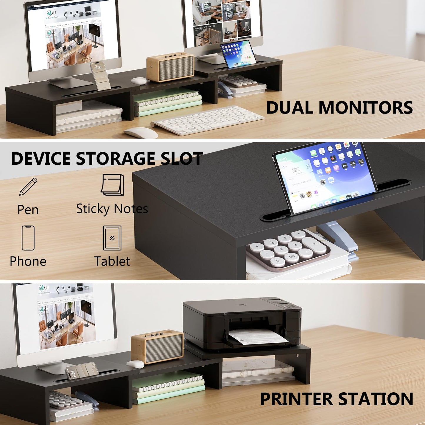 WALI Extra Long Wooden Dual Monitor Stand Riser with 2 Slots, up to 22lbs