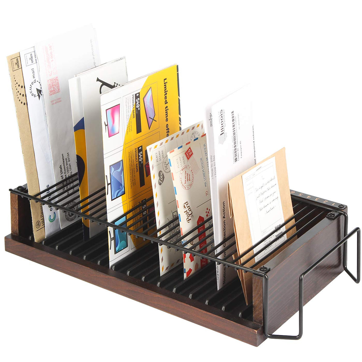 JACKCUBE Design Wood Monthly Office Desktop Bill & Mail & File Organizer Storage with Steel Divider