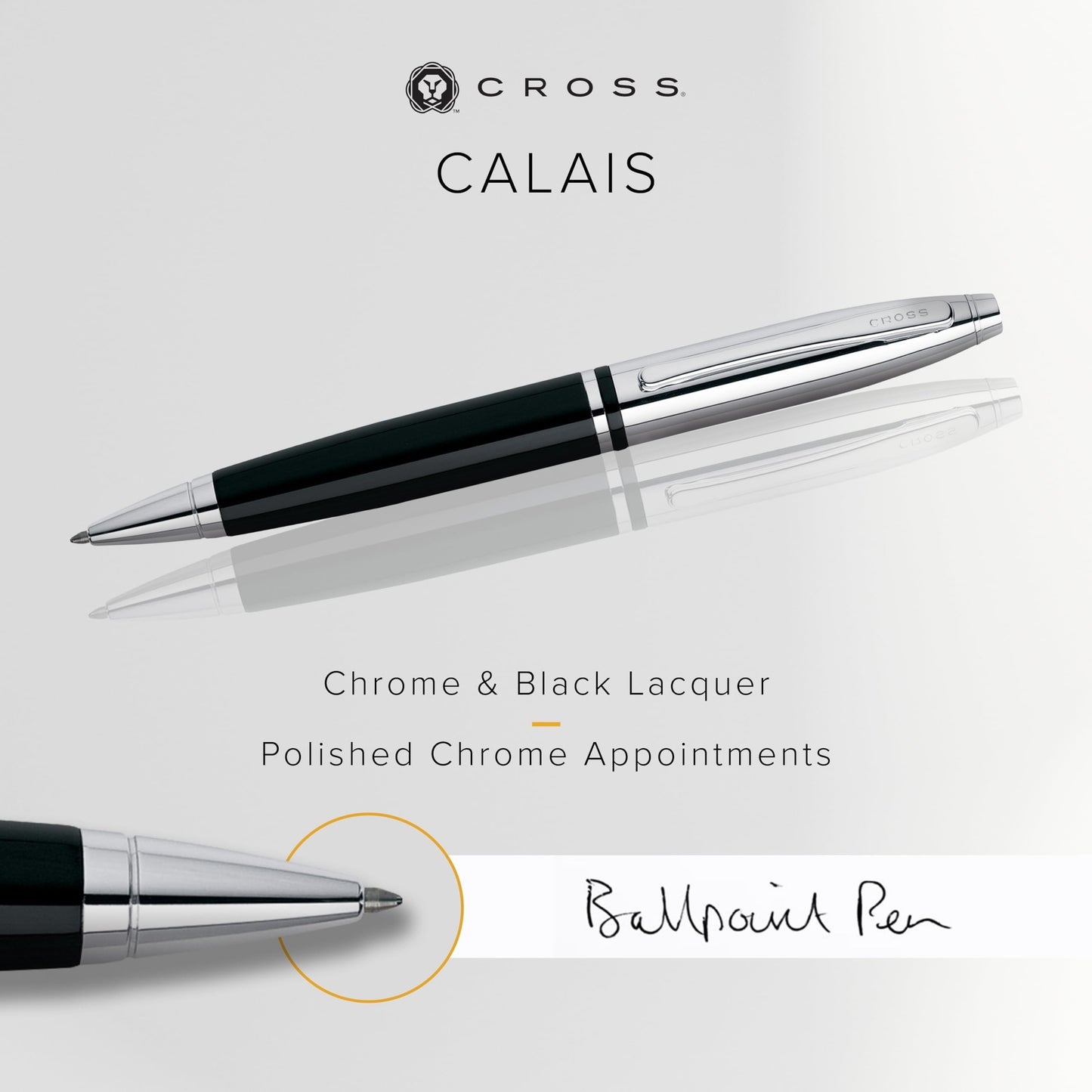 Cross Calais Ballpoint Pen, Chrome & Black Lacquer, Medium Point, Black Ink