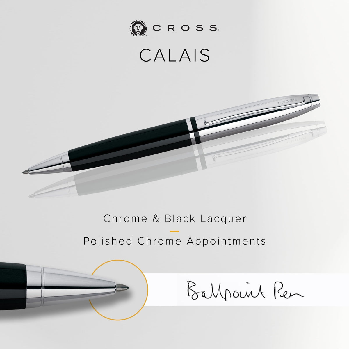 Cross Calais Ballpoint Pen, Chrome & Black Lacquer, Medium Point, Black Ink