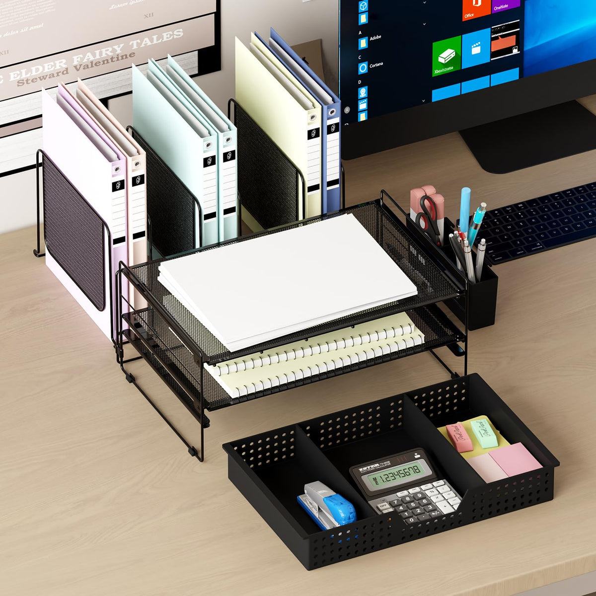 LEKETREE Desk Organizer, Office Organization with Vertical File Holder, File Organizer with Drawer
