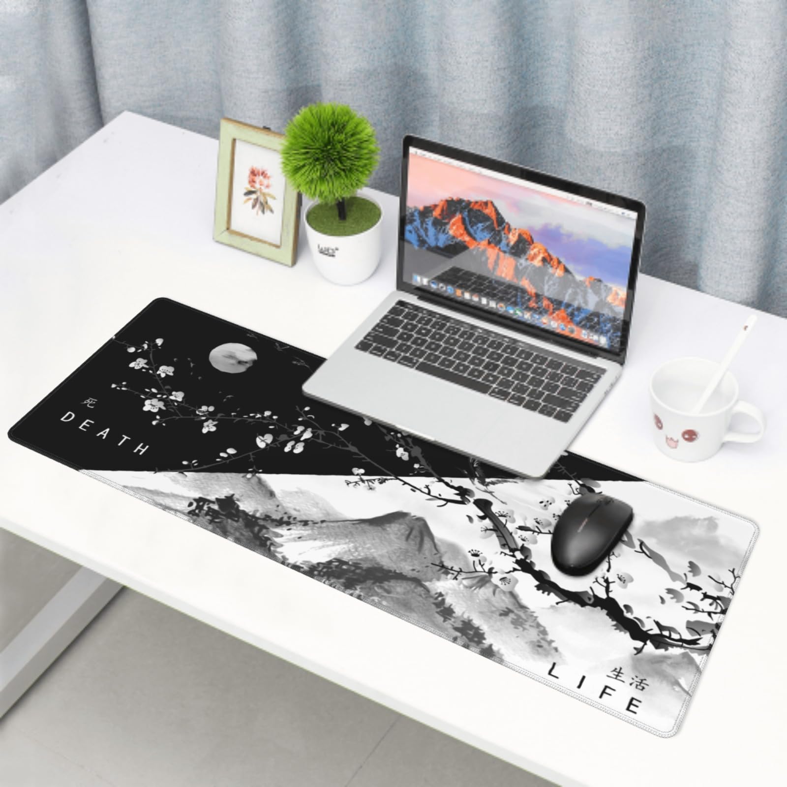 Black White Japanese Cherry Blossom Gaming Mouse Pad 31.5 x 11.8 Inch XL Pink Sakura Cool Design