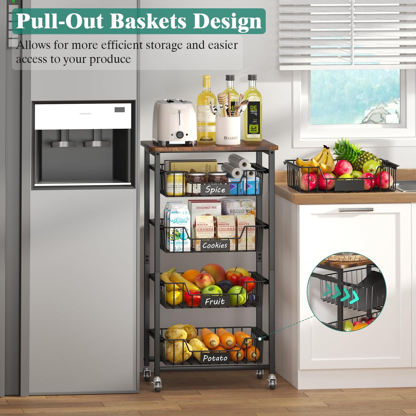 CHLORYARD 5-Tier Vegetable Fruit Basket Kitchen Storage Rolling Cart on Wheels with Pull-Out
