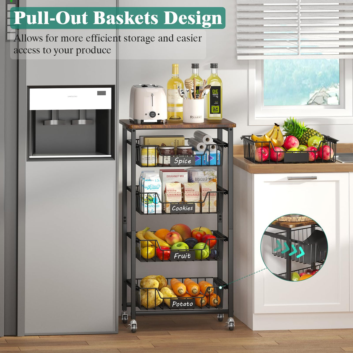 CHLORYARD 5-Tier Vegetable Fruit Basket Kitchen Storage Rolling Cart on Wheels with Pull-Out