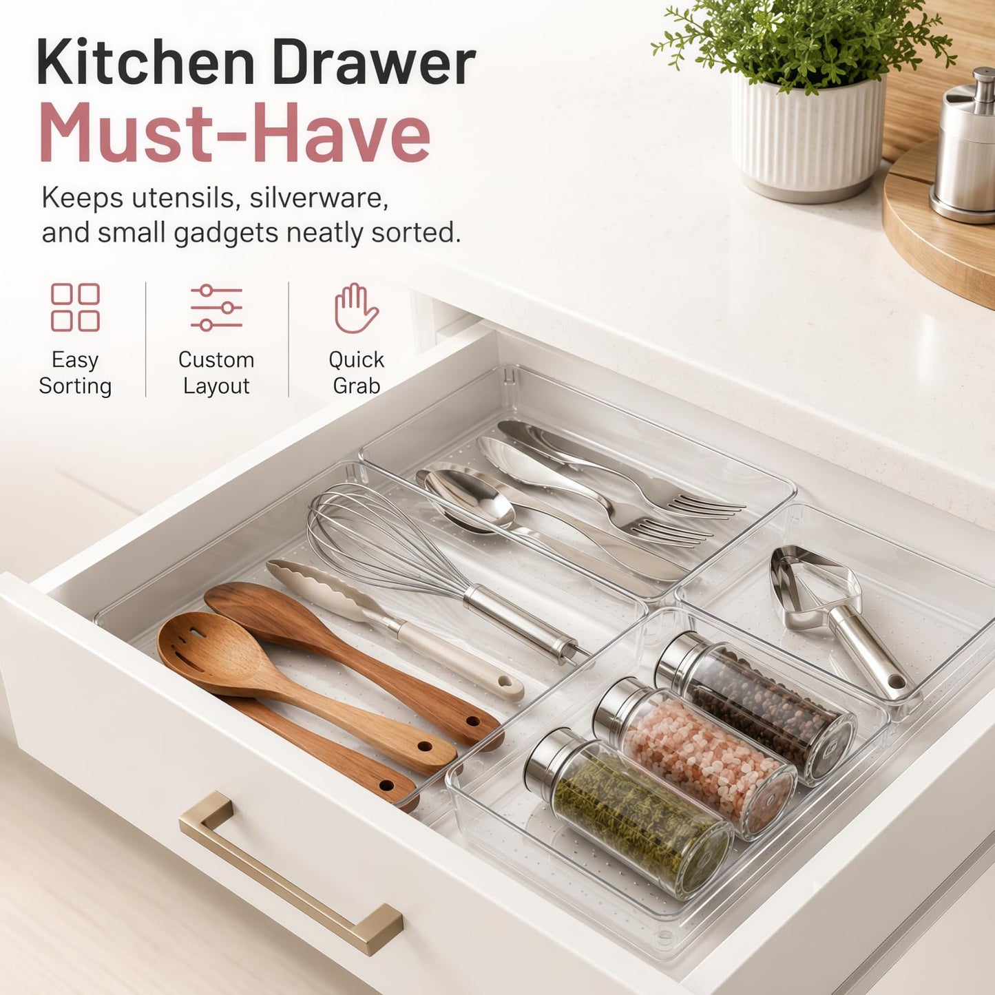 CHOWAY 12 Pack Large Clear Drawer Organizer Trays, 3 Sizes, Non-Slip