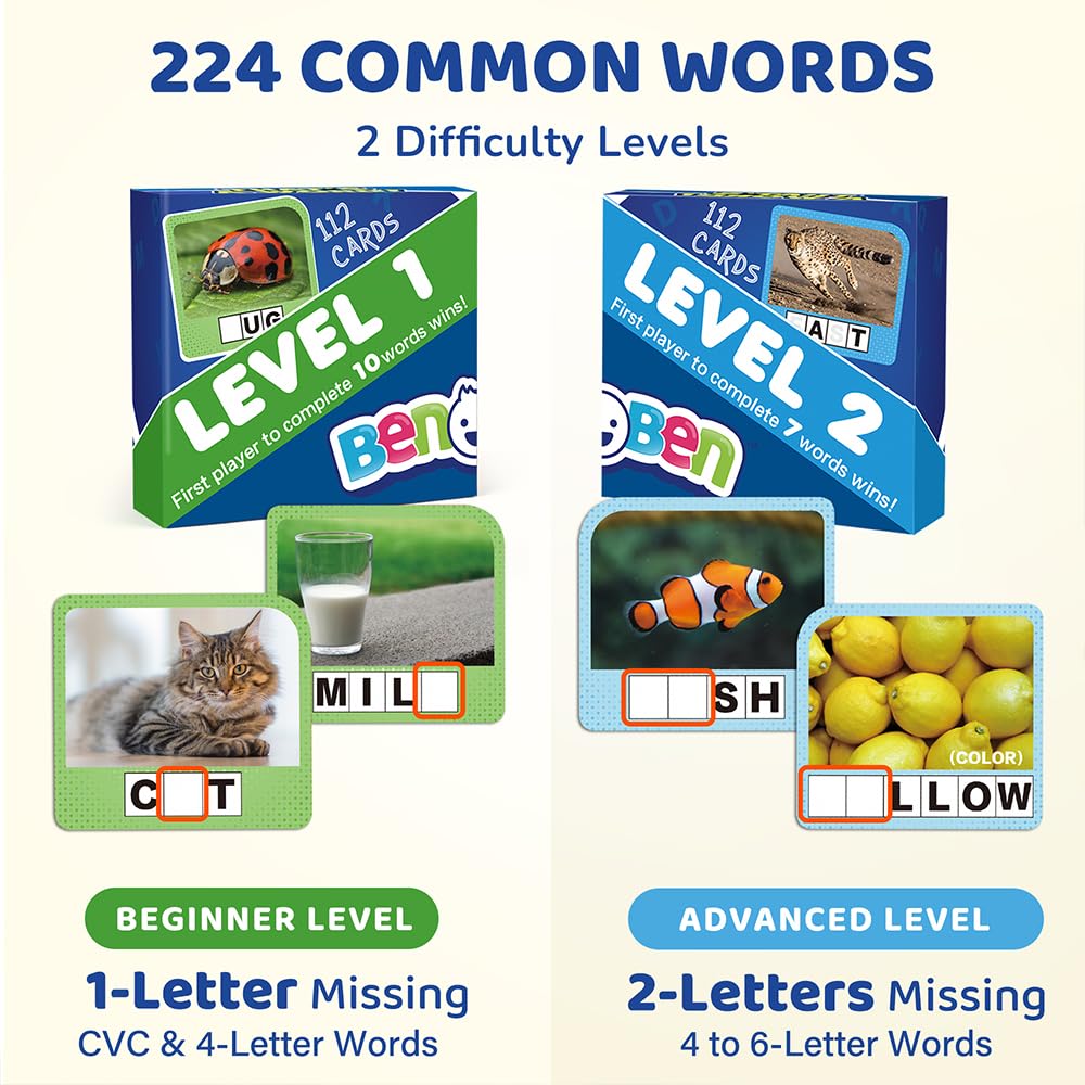 BenBen Spelling Games, 224 Flashcards, 208 Wood Letter Tiles, 1-4 Players, Learning Games for Kids