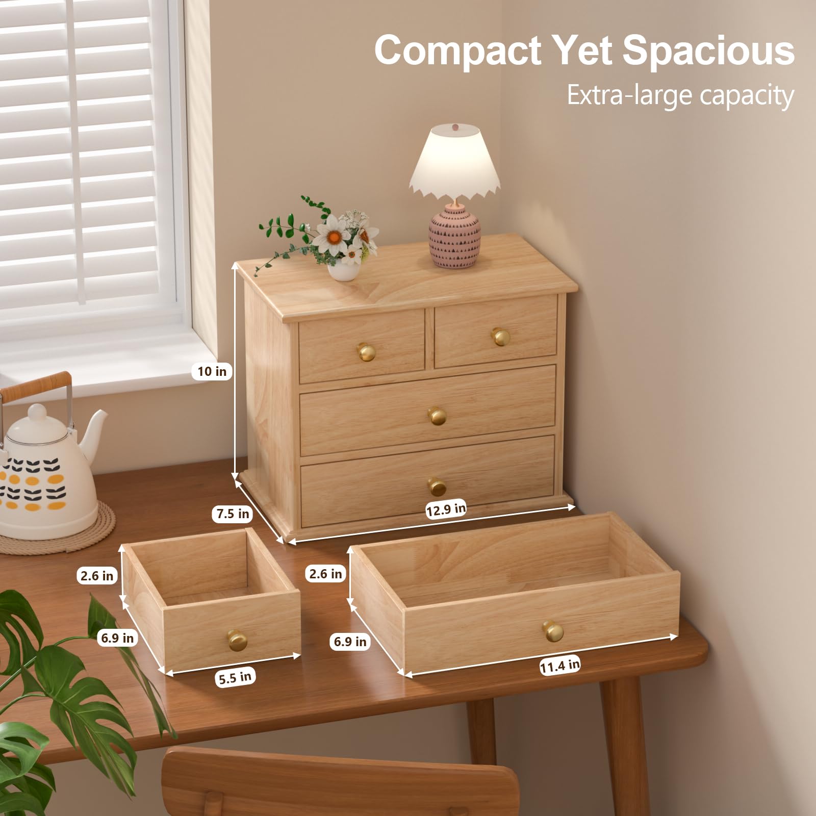 Oak Desk Organizer with Drawers, Durable Wooden Desktop Storage Box