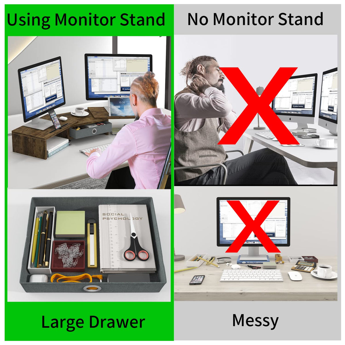 WESTREE Dual Monitor Stand Riser with Drawer, Monitor Stand Riser for 2 Monitors, Adjustable Length