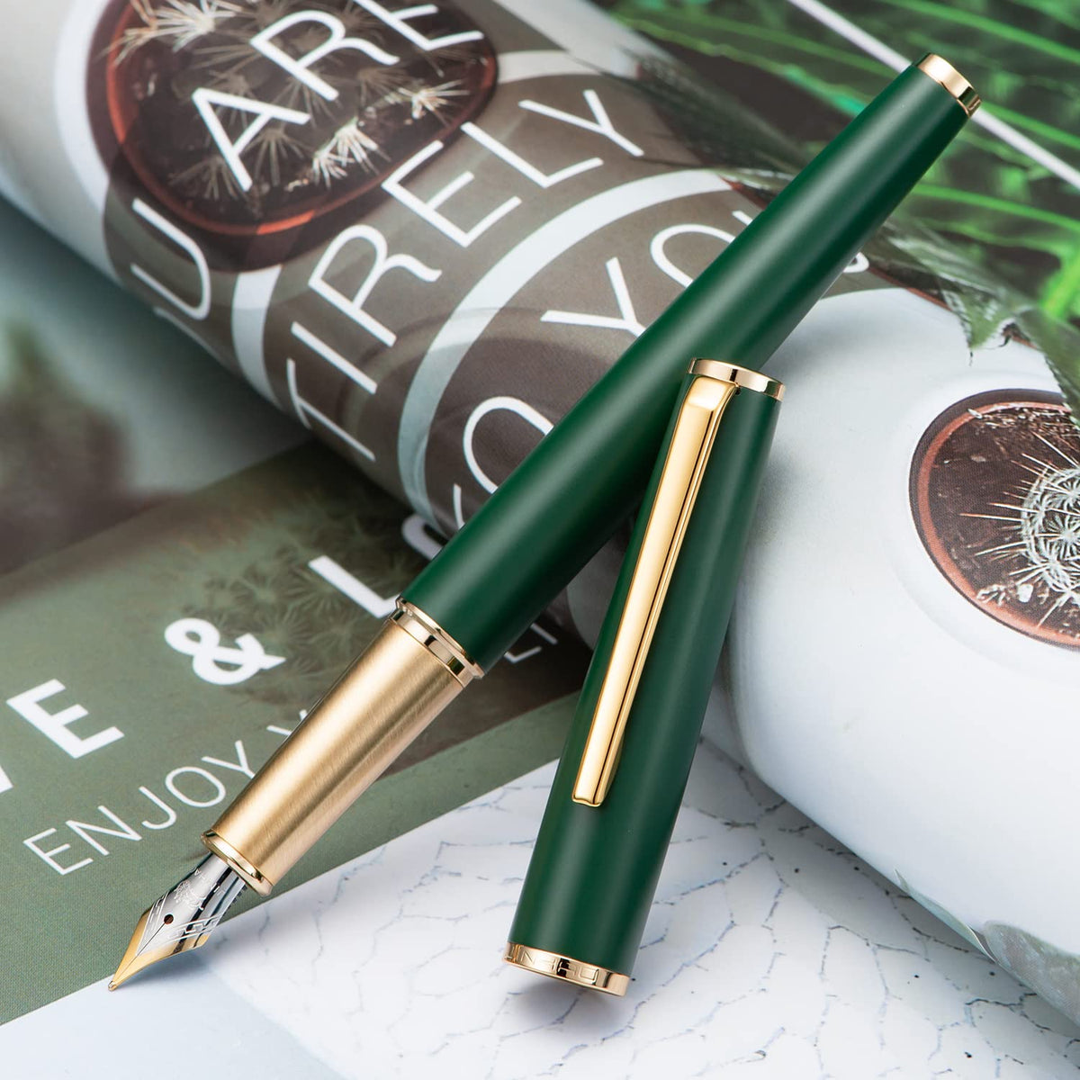Jinhao 95 Metal Fountain Pen Medium Nib, Matte Green with Golden Clip Writing Pen
