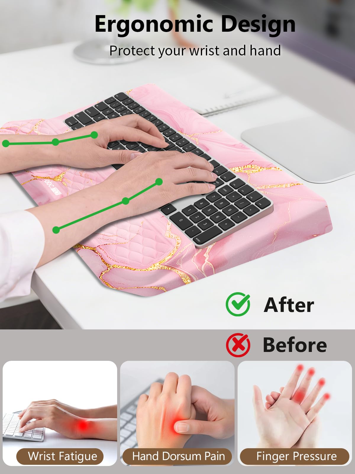 2-in-1 Ergonomic Keyboard Stand with Wrist Rest, Pink Marble