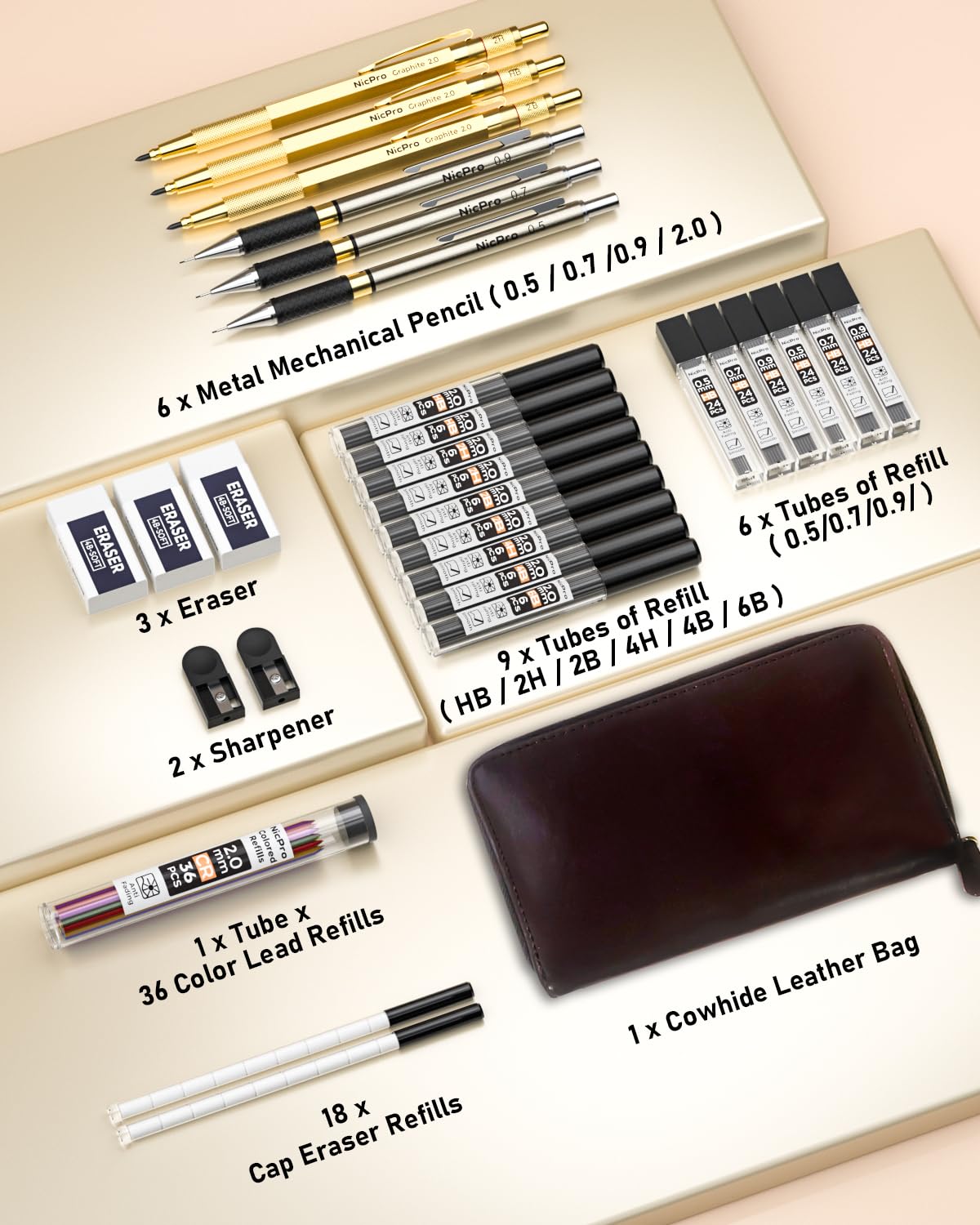 Nicpro 30PCS Art Mechanical Pencils Set in Leather Case-Gold