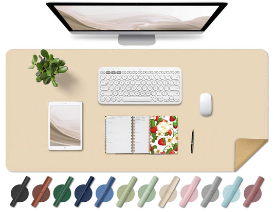BLESWIN Large Desk Pad 35.4"" x 17"", Non-Slip Desk Mat with PU Leather & Natural Cork, Waterproof