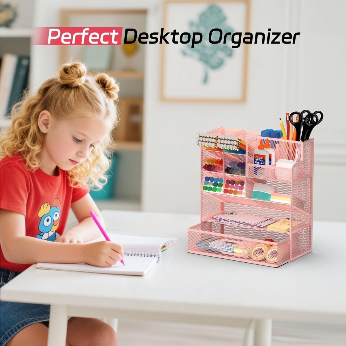 ReePlan Mesh Pen Organizer for Desk, 13 Compartments with Drawer, Pink