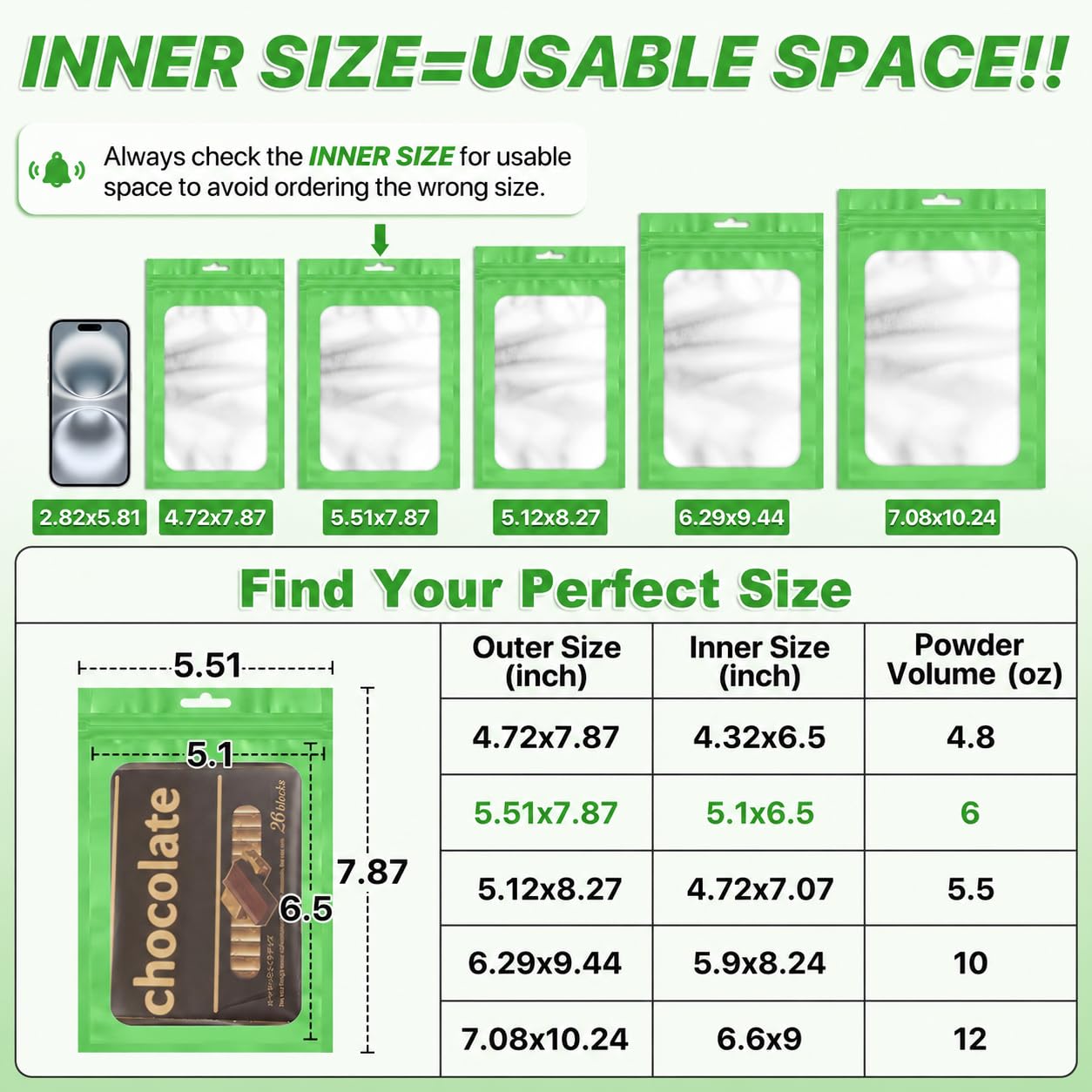 ANZNKU 100Pcs Green Mylar Bags, Resealable Smell Proof Zip Goodie Baggies