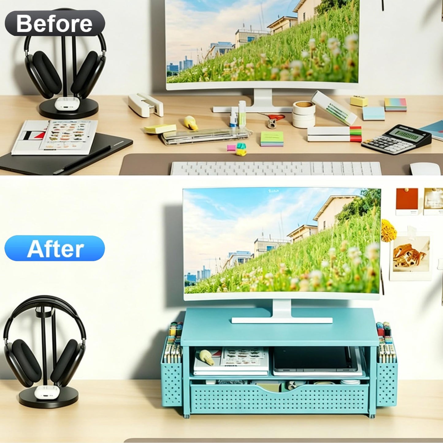 Spacrea Desk Organizers and Accessories, Printer Stand with Storage, Blue