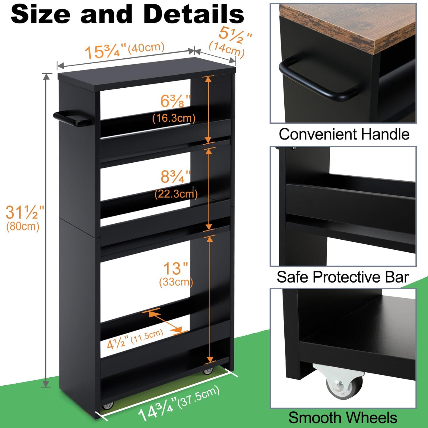 MARTY Slim Rolling Storage Cart, Wood Utility Kitchen Bathroom Laundry Cart