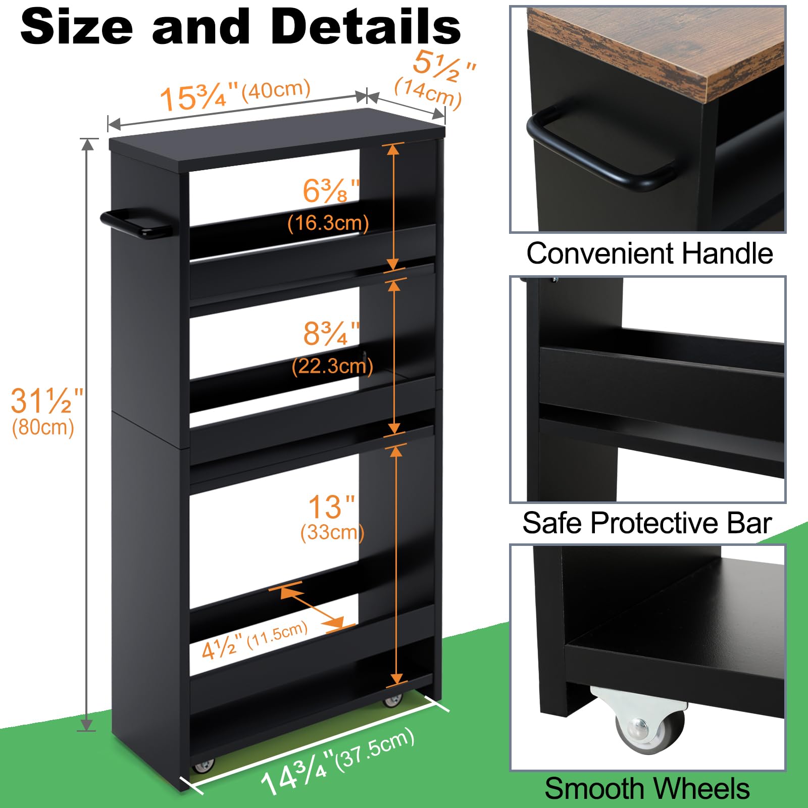 MARTY Slim Rolling Storage Cart, Wood Utility Kitchen Bathroom Laundry Cart