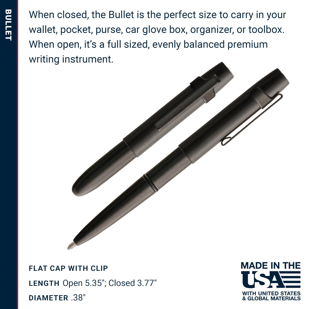 Fisher Space Pen Matte Black X-Mark Flat Cap Bullet Pen, Compact Size