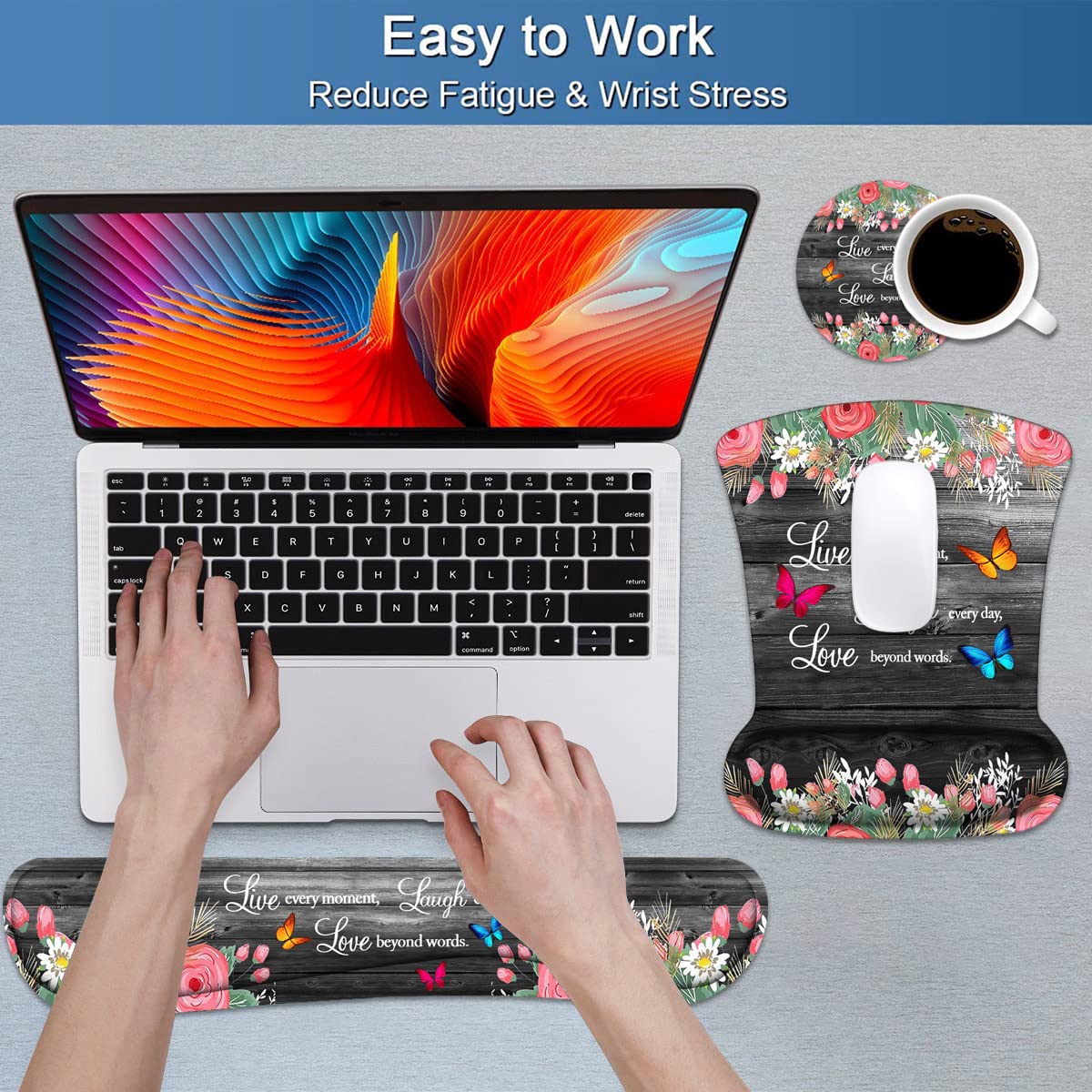 Keyboard Wrist Rest and Mouse Pad Wrist Support Set with Coasters, Non-Slip PU Base Ergonomic