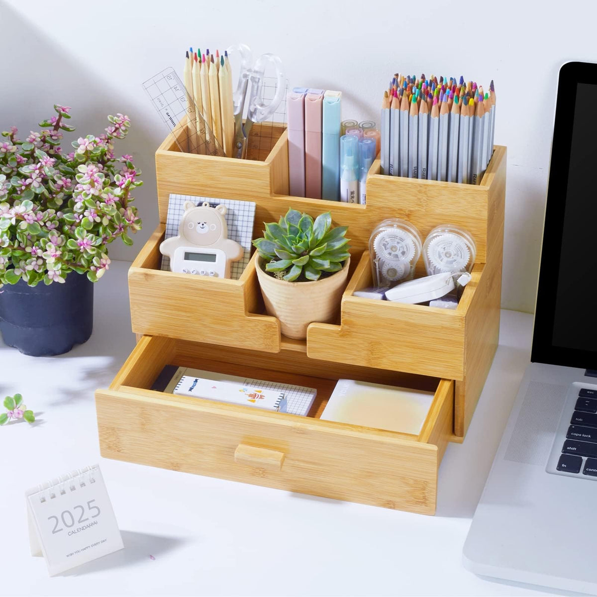 Charmlife Bamboo Desk Organizer - Countertop Drawers Organizer Tabletop Storage Organization Makeup