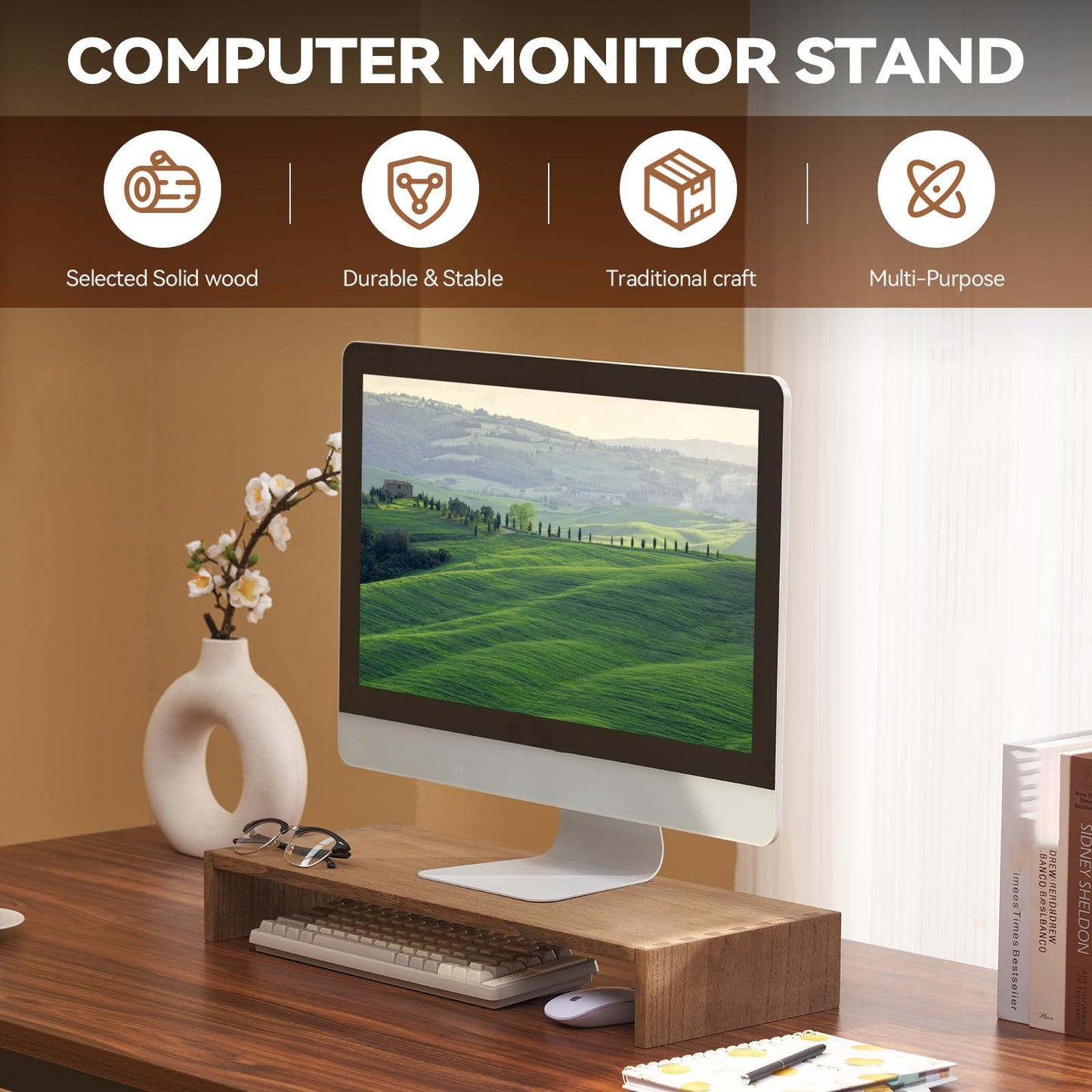 KIRIGEN Wood Monitor Stand Riser for Desk, 23.23 Inch, Brown 59-DBR