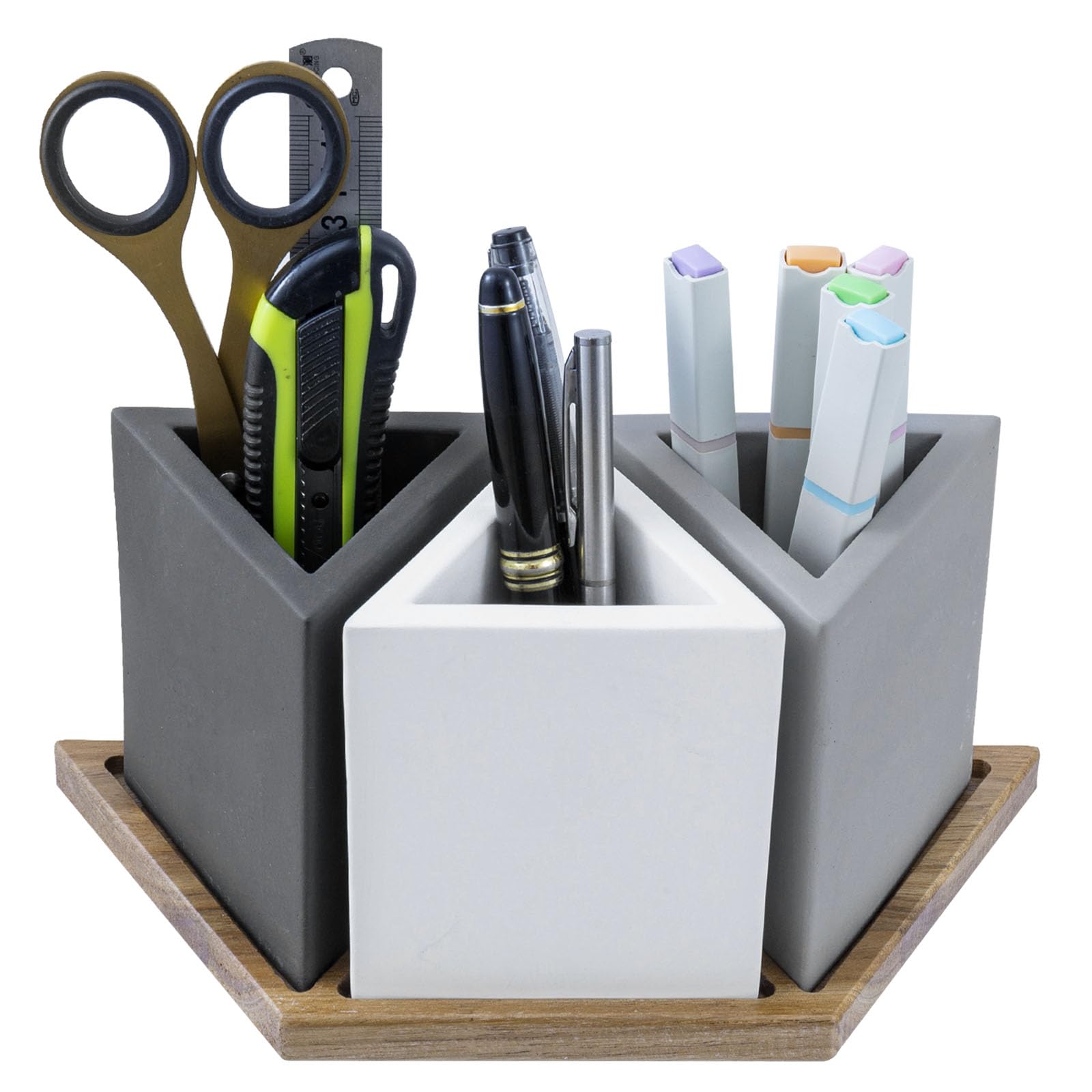 MyGift Modern Concrete Desk Organizer Set with 3 Triangular Gray-Tone Pen Holders and Acacia Wood