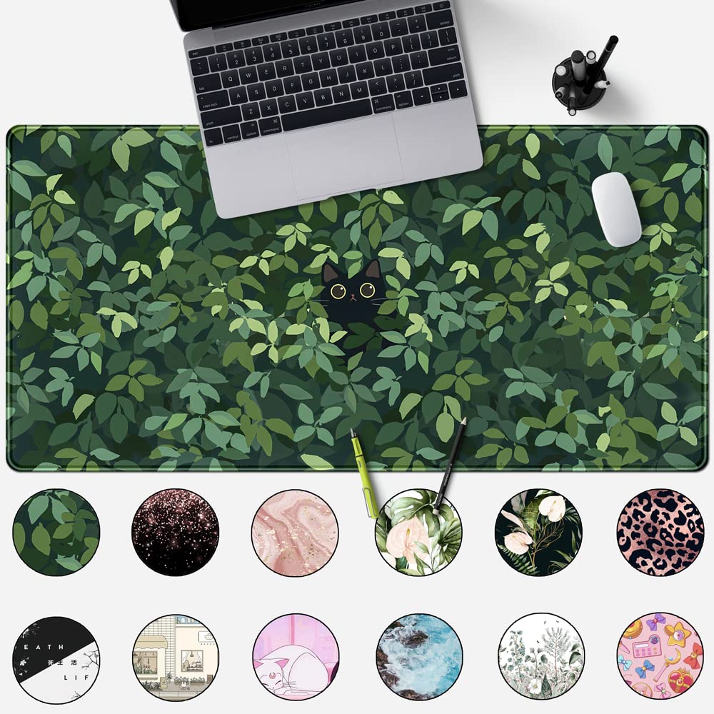 Cute Cat Desk Mat Kawaii Green Desk Pad - Large Gaming Mouse Pad Laptop Mat