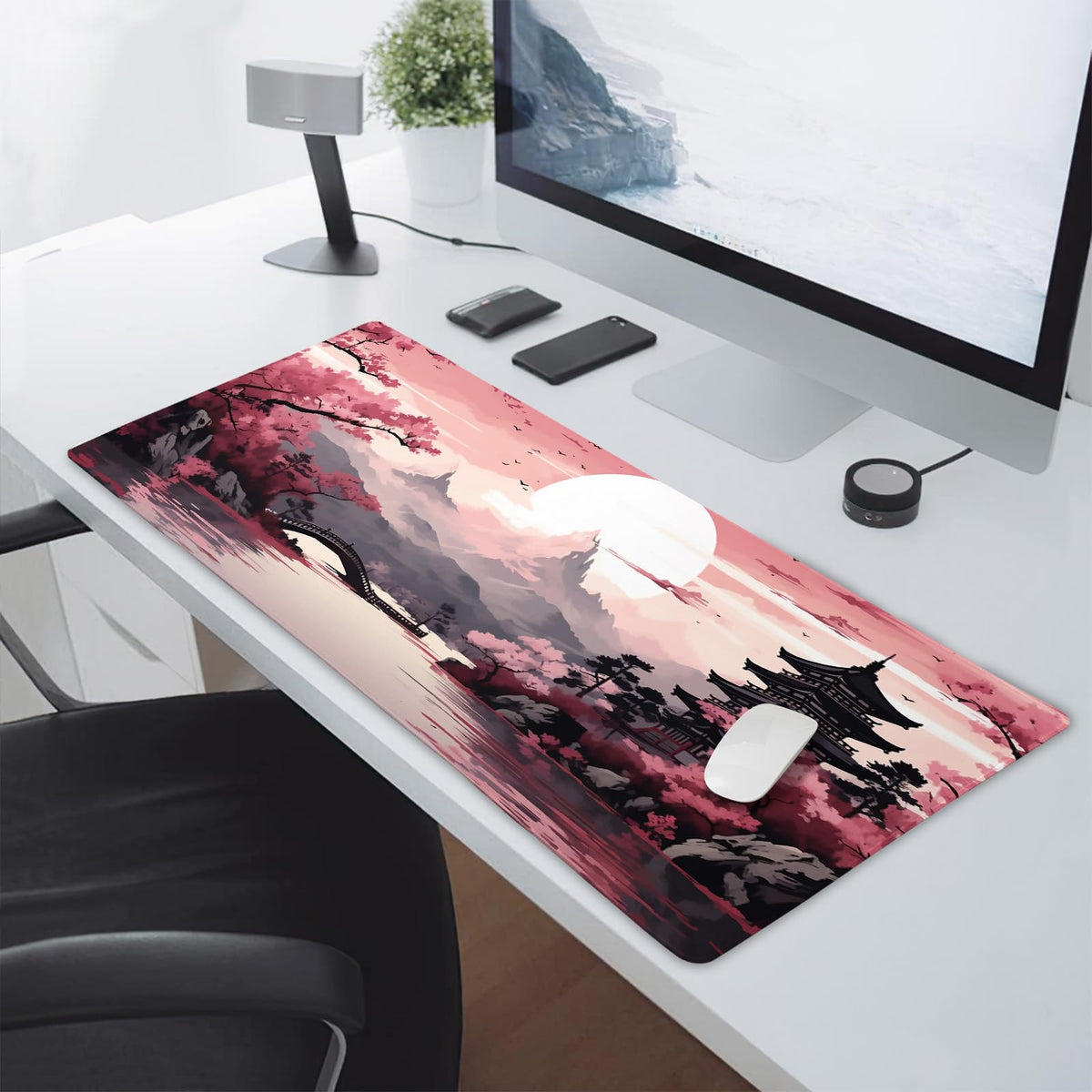 Pink Japanese Sakura Gaming Mouse Pad XXL Cherry Blossom Tower Mountain Landscape Big Extended