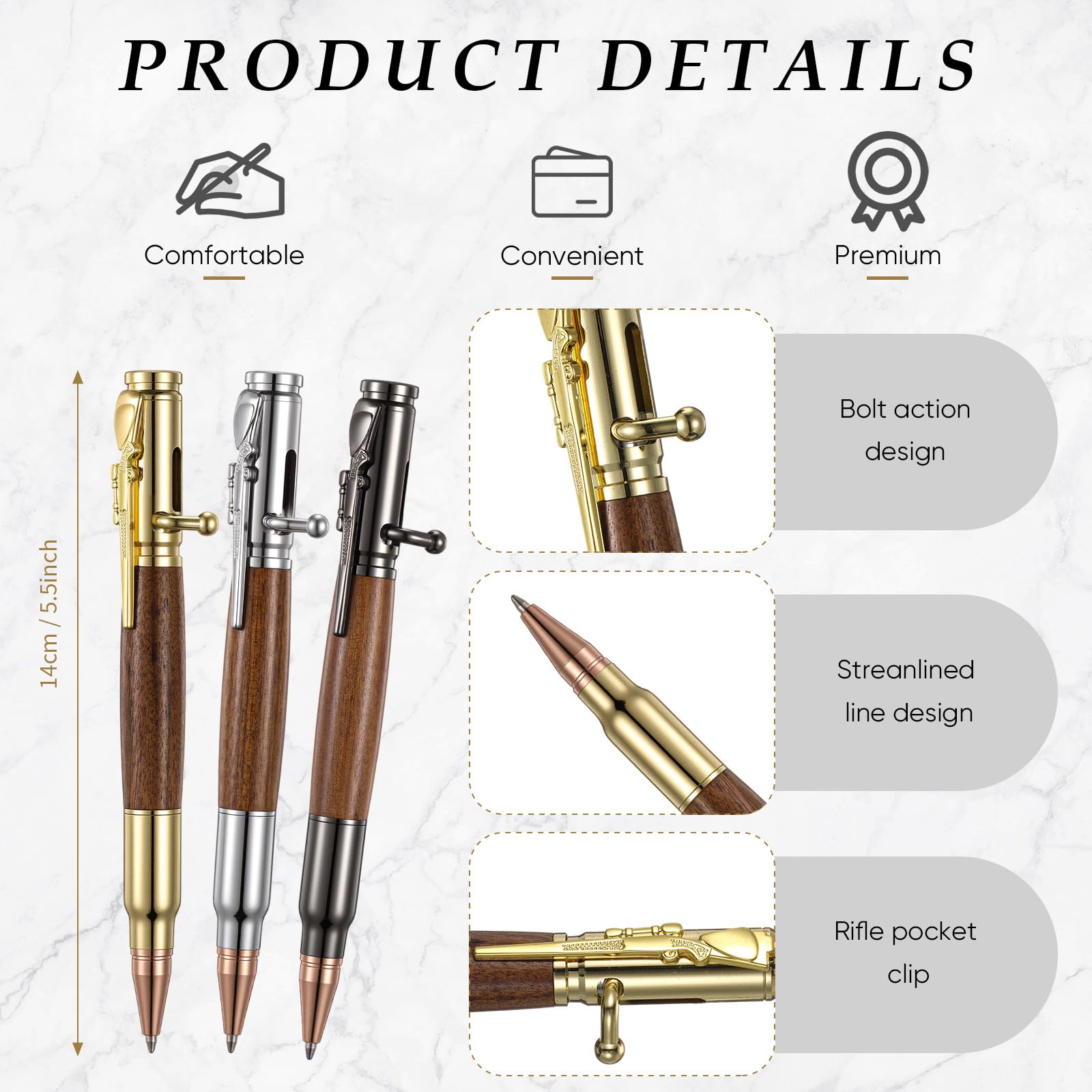 Crtiin 3 Sets Bolt Action Bullet Pens, Gift Boxed,Gold Silver Black