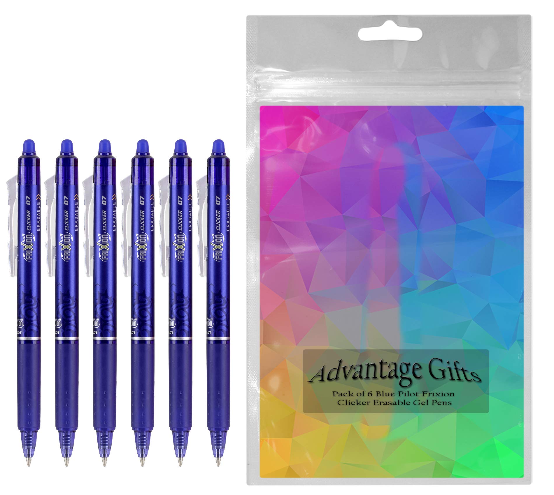Advantage Gifts Clicker Retractable Erasable Gel Pens Fine Point (.7mm) Blue Ink 6-pk;