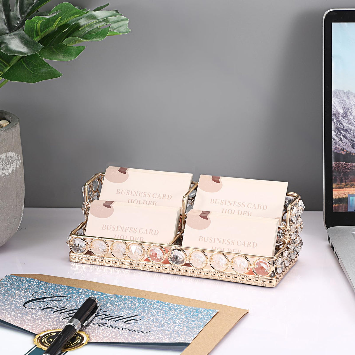 Hipiwe 2 Tiers Business Card Holder Gold Business Card Display Stand with 4 Slots Crystal Name Card