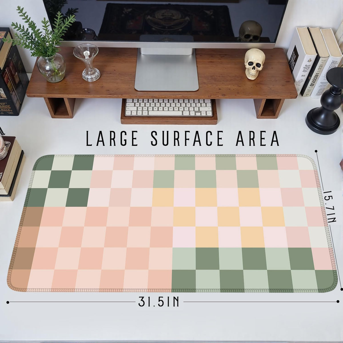 Checkered Desk Mat Cute Pink Pastel XXL Large Mouse Pad Aesthetic Boho Desk Pad with Stitched
