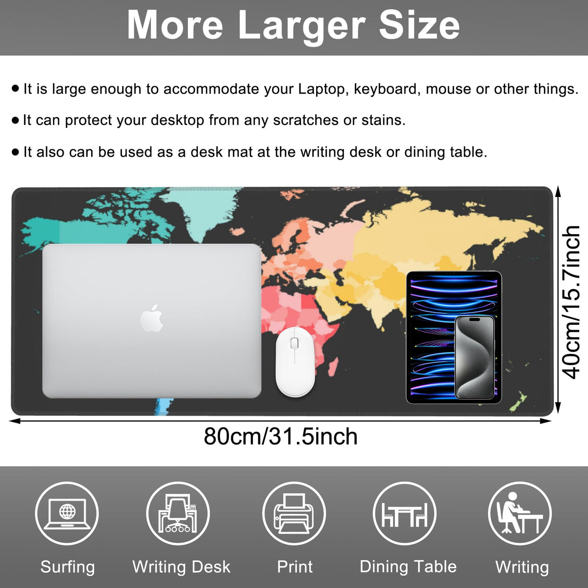 Mouse Pad, Large Colorful World Political Map Desk Mat, Extended Non-Slip Gaming Keyboard Mousepad