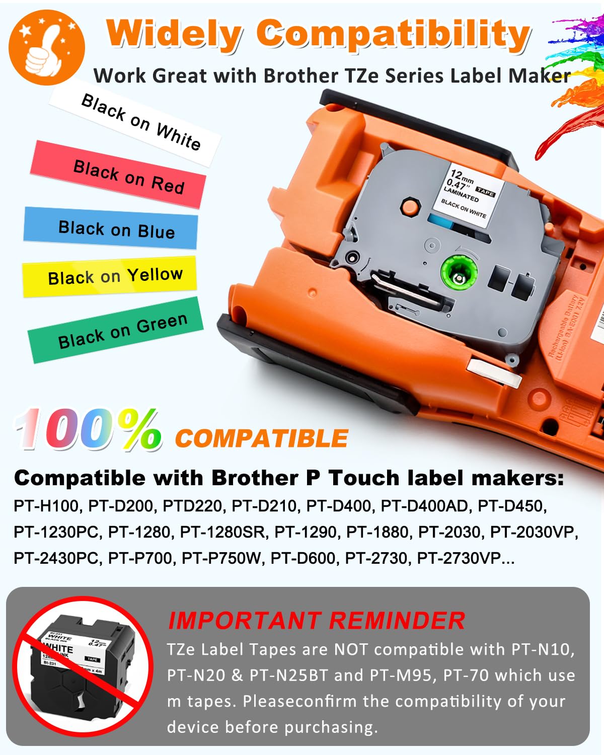 Replace for Brother P-Touch Label Maker Tape TZe 12mm 0.47 Colored Refills