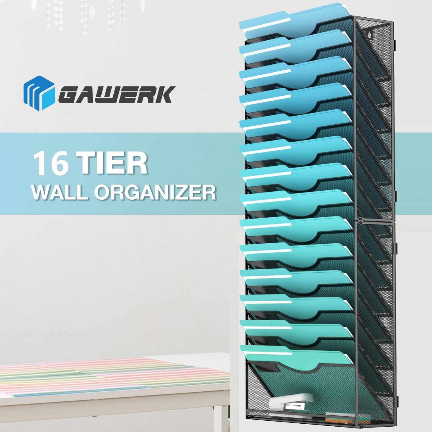 Gawerk 15-Tier Wall File Organizer Hanging Wall File Holder Wall Mount Paper Folder Organize, Mesh