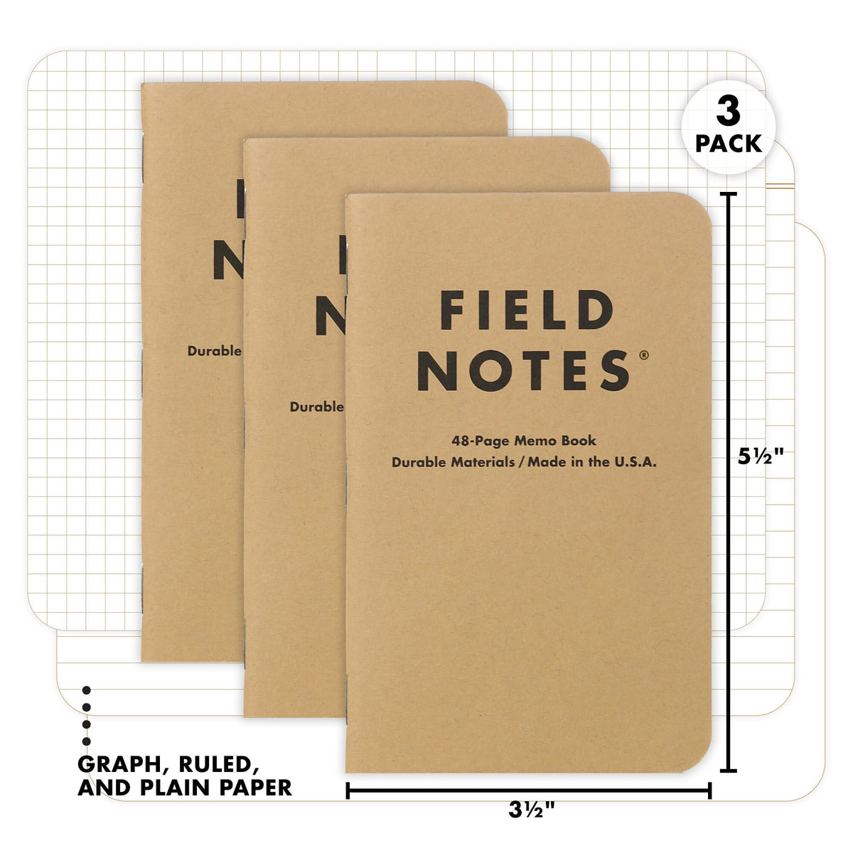 Field Notes: Original Kraft 3-Pack - Mixed Paper (1 Graph/Grid, 1 Ruled/Lined, 1 Plain/Blank) Memo