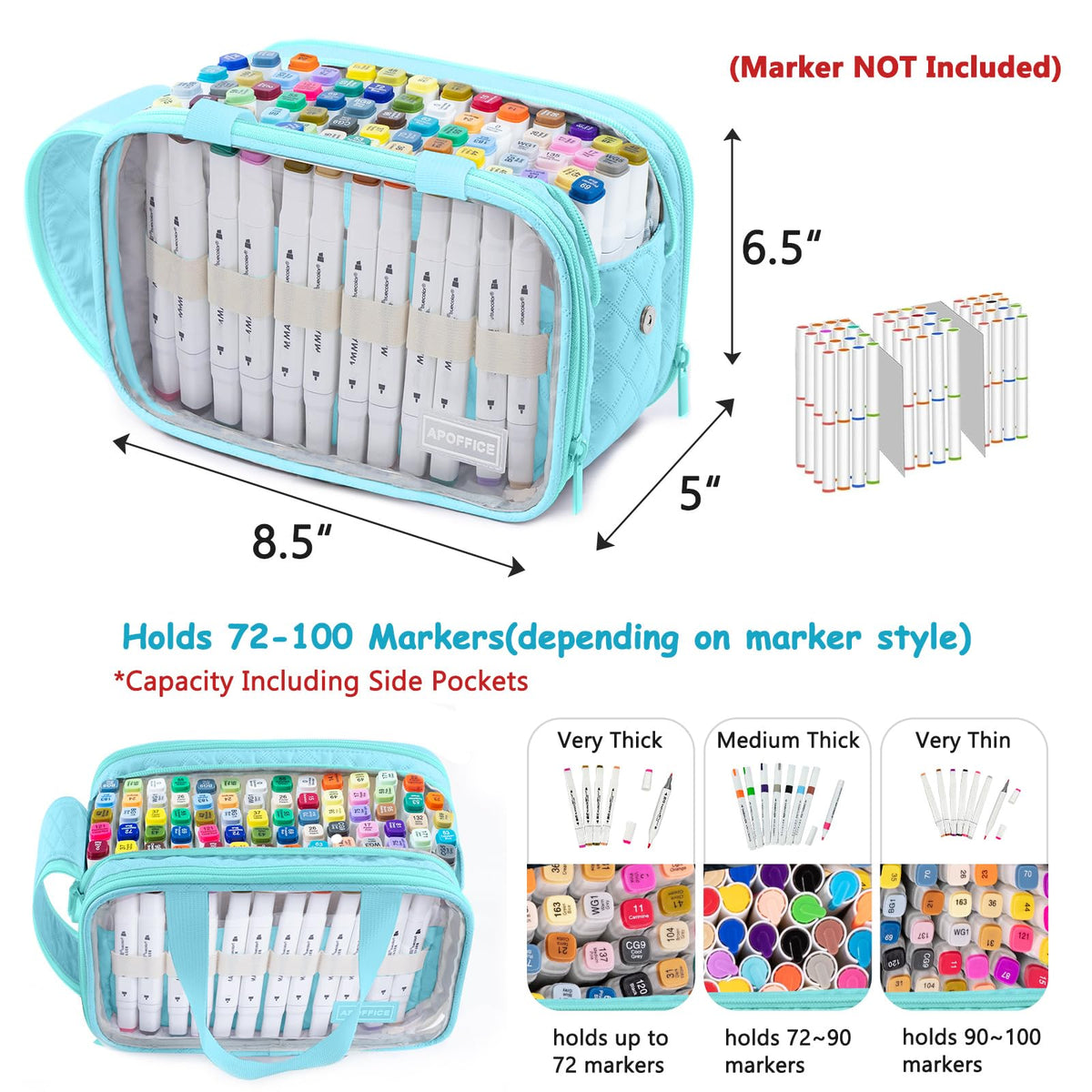 APOFFICE Marker Organizer Case – Holds 72-96Markers | Portable Art Marker Storage Bag with Clear