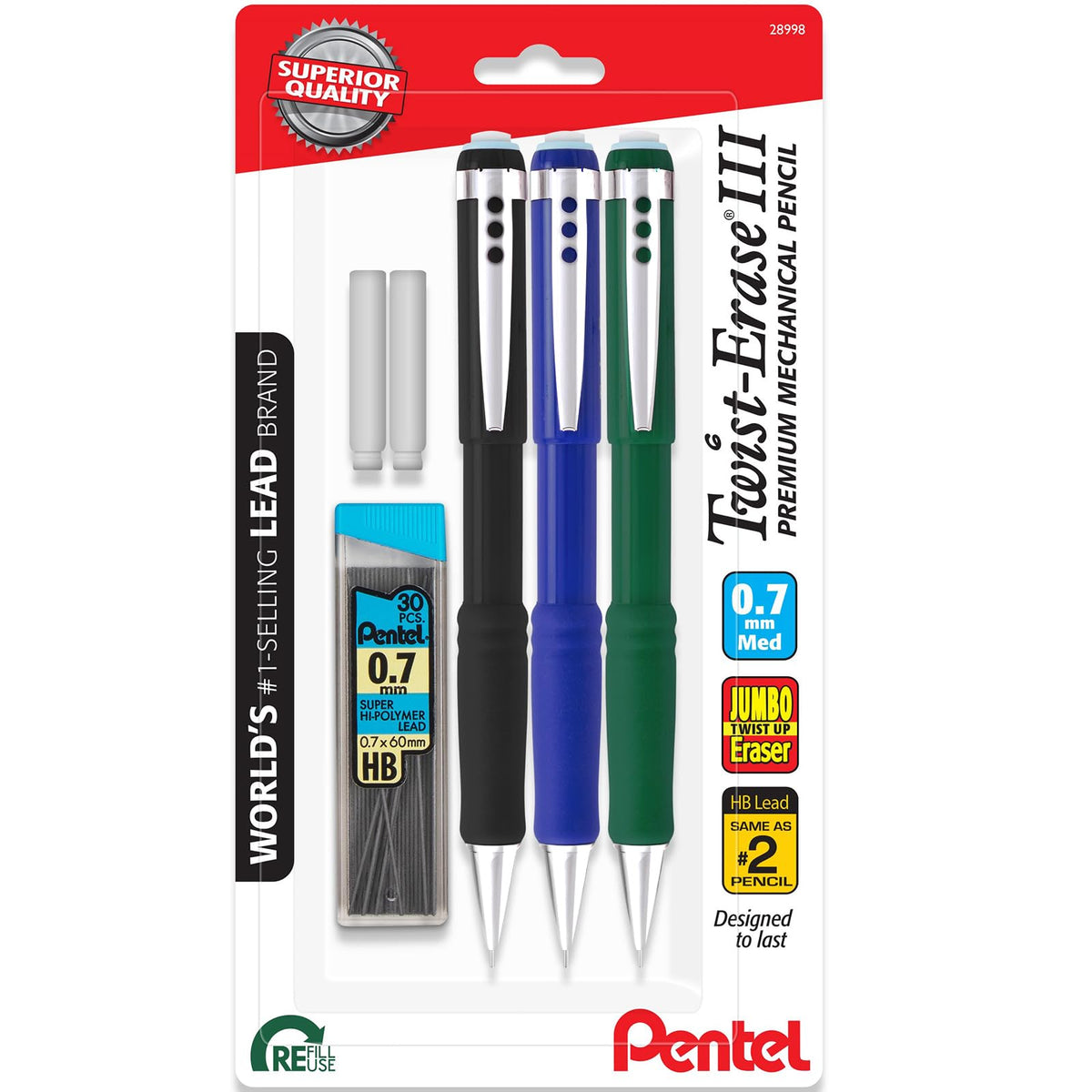 Pentel Twist Erase III Mechanical Pencil 0.7mm - Pre-Loaded Super Hi-Polymer HB Lead - Assorted