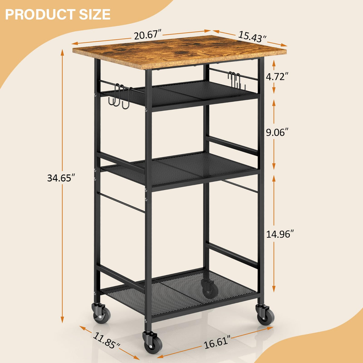 ThreeHio Rolling Kitchen Microwave Cart, 4 Tier Microwave Table Stand with Storage, Kitchen Storage