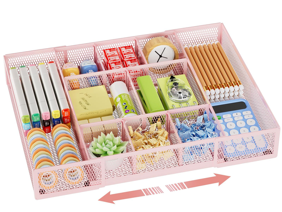 Marbrasse Expandable Desk Drawer Organizer, Mesh Tray with 10 Adjustable Compartments, Desk
