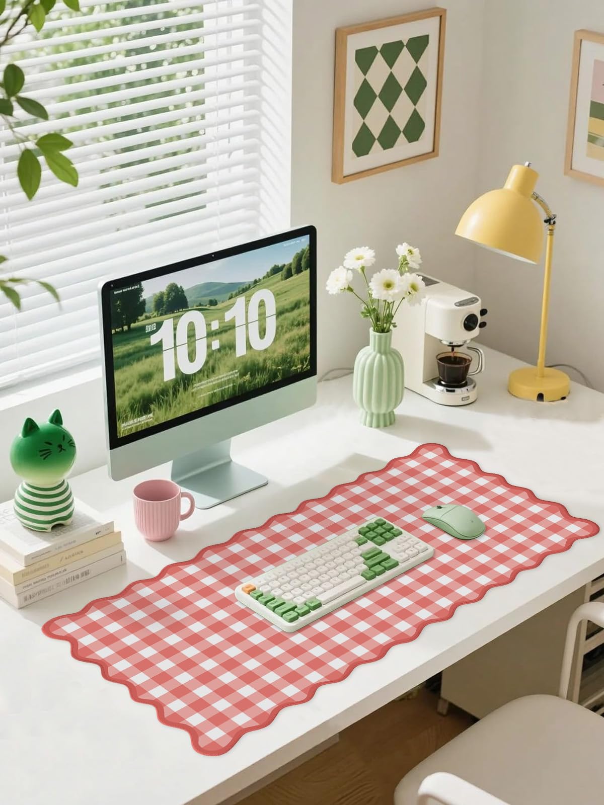 ohisxiacy Scalloped‌ Checkered Gingham Desk Mat Cute Red XXL Large Mouse Pad Kawaii Cottagecore