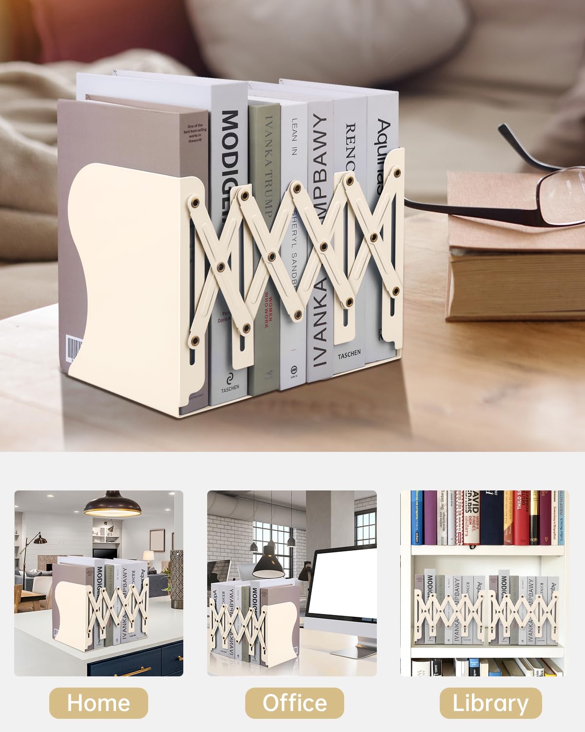 Honagu Adjustable Bookends, Metal Book Ends for Shelves Heavy Book, Desk Magazine File Organizer